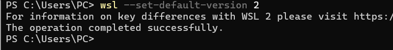 wsl --set-default-version 2 terminal output
