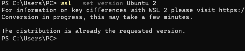 wsl --set-version Ubuntu 2 terminal output