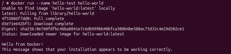 docker run --name hello-test hello-world terminal output