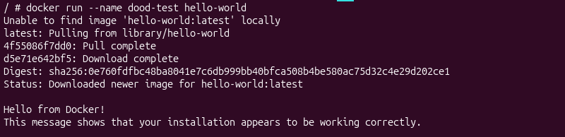 docker run --name dood-test hello-world terminal output