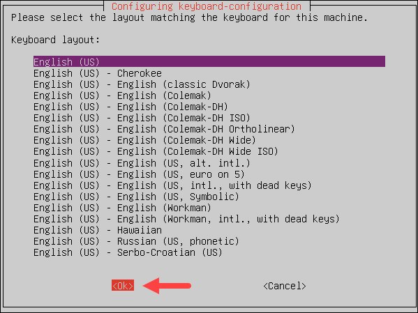 Selecting the keyboard layout.