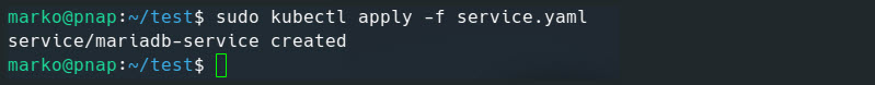 The output confirms the creation of a service.