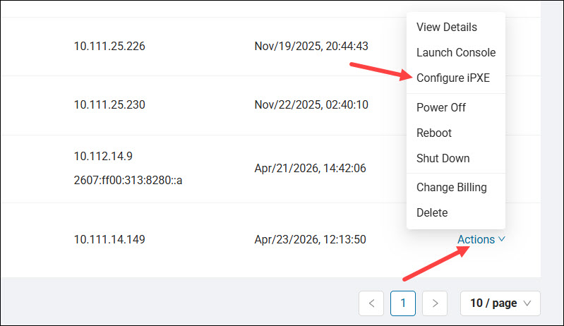The location of the Configure iPXE item in the Actions menu.