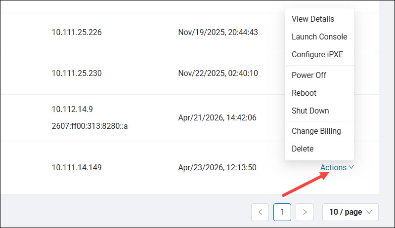 The Actions menu for an iPXE instance.