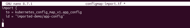 Terraform import block configured to import an existing Kubernetes ConfigMap