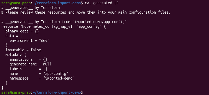 Auto-generated Terraform configuration for an imported Kubernetes ConfigMap