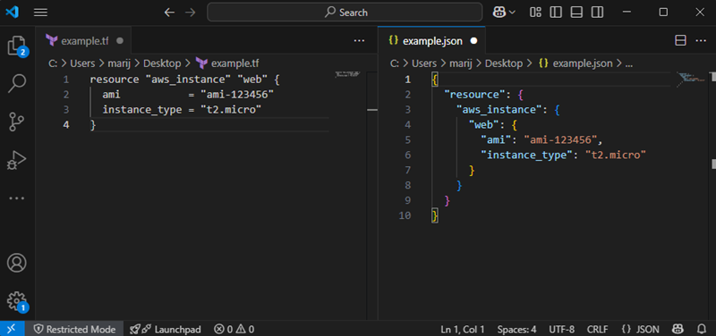 HCL vs. JSON comparison example.