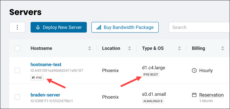 An iPXE server in the server list.