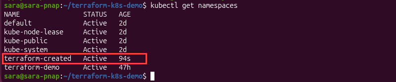 kubectl get namespaces output showing the namespace created by Terraform