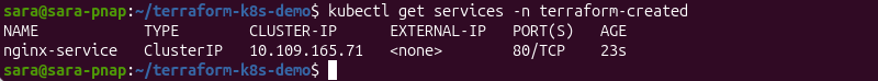 kubectl get services output showing the nginx-service resource in the terraform-created namespace