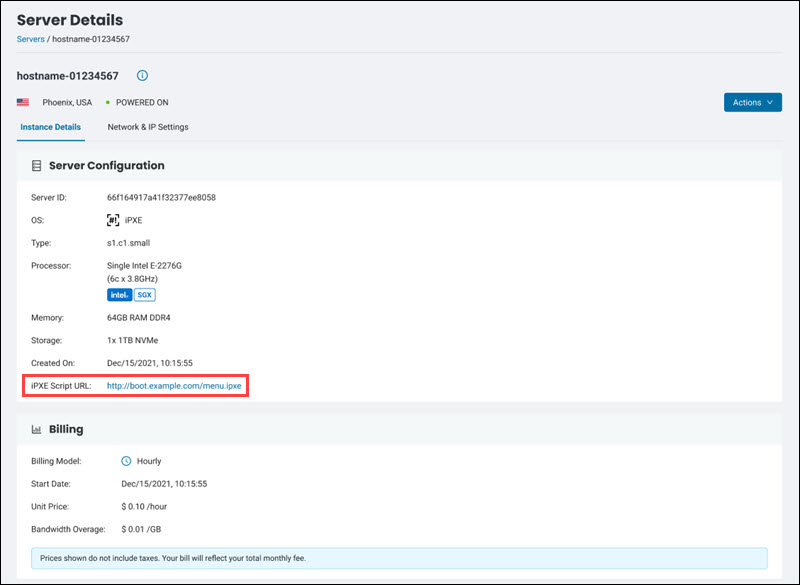 The Server Details page for viewing instance information.