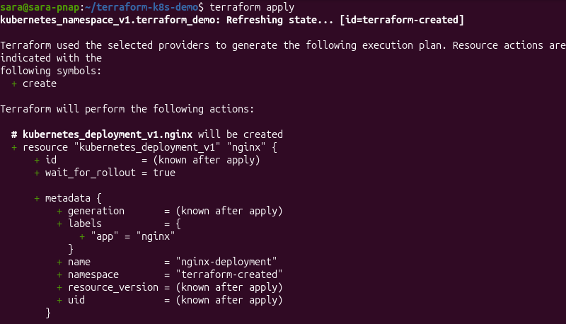 Terraform apply output creating the nginx-deployment resource
