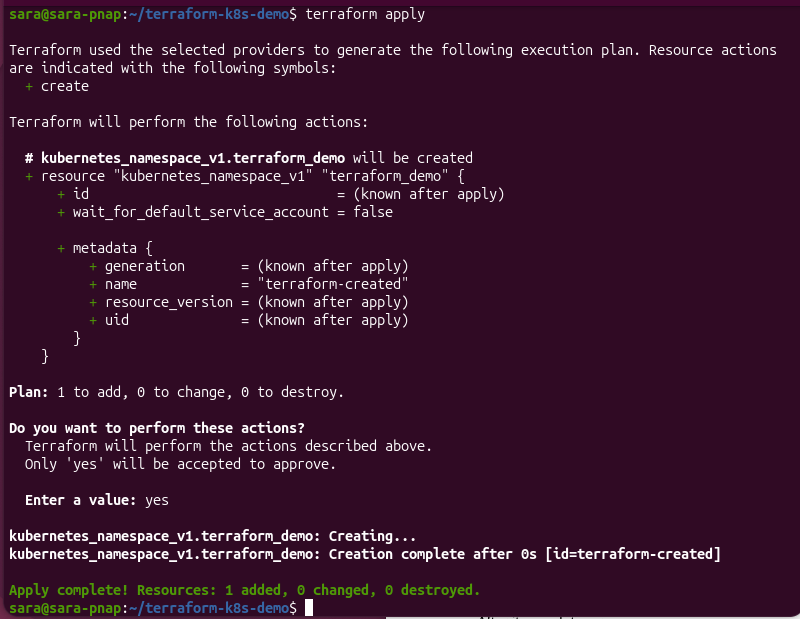 Terraform apply output creating a Kubernetes namespace resource