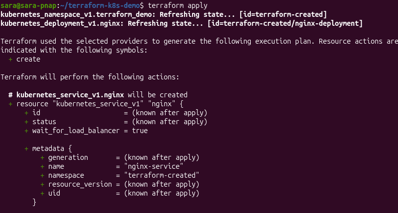 Terraform apply output creating the nginx-service Kubernetes service