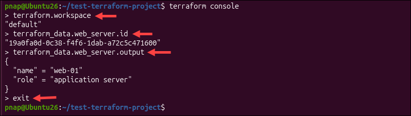 Using the Terraform console to pass expressions.