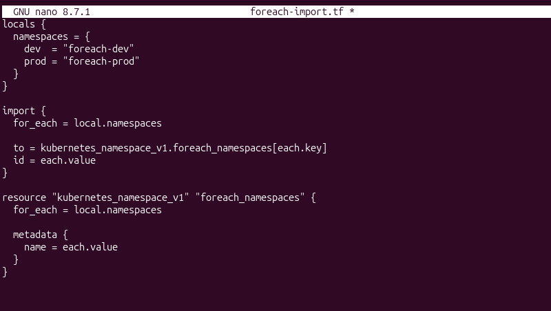 Terraform configuration using for_each to import multiple Kubernetes namespaces
