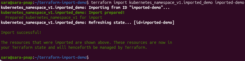 Successful Terraform import of an existing Kubernetes namespace using the terraform import command