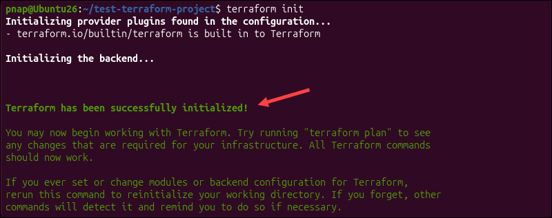 Initializing Terraform with init command.