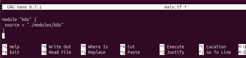 Terraform configuration declaring a reusable Kubernetes module