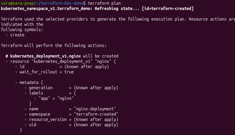 Terraform plan output showing the planned creation of the nginx-deployment resource