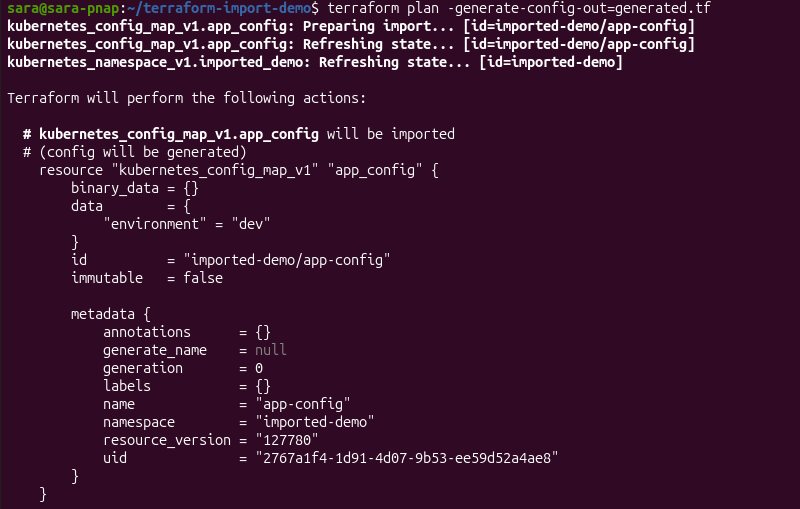 Terraform generating configuration for an imported Kubernetes ConfigMap