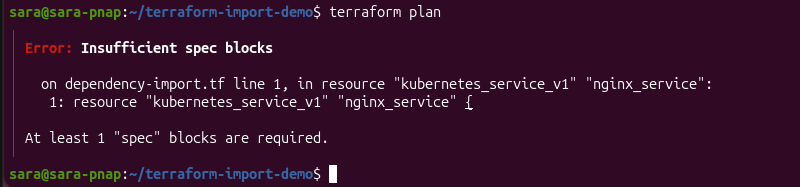 Terraform plan reporting a missing required spec block after importing a Kubernetes Service