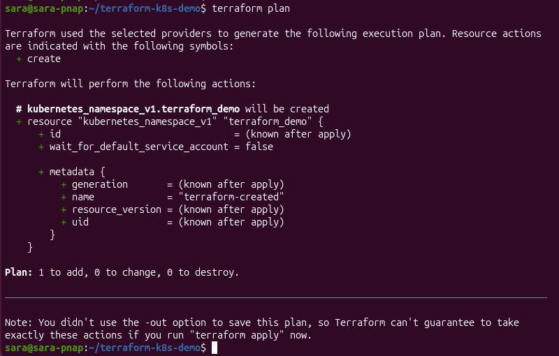 Terraform plan output showing the planned creation of a Kubernetes namespace