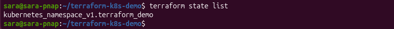 Terraform state list command output showing tracked Kubernetes resources