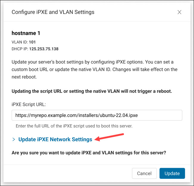 Expanding iPXE network settings section.