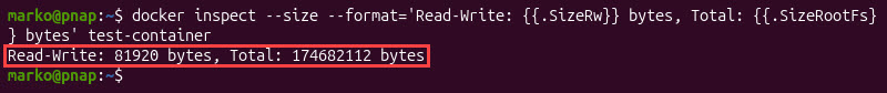 The output showing disk utilization fields for a container.