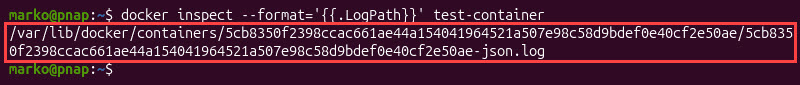 The output showing the path to the container's log file.