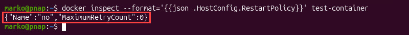 The output showing the restart policy for the container.