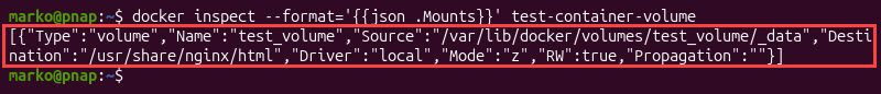 The output showing bound volumes and persistent storage mounts.