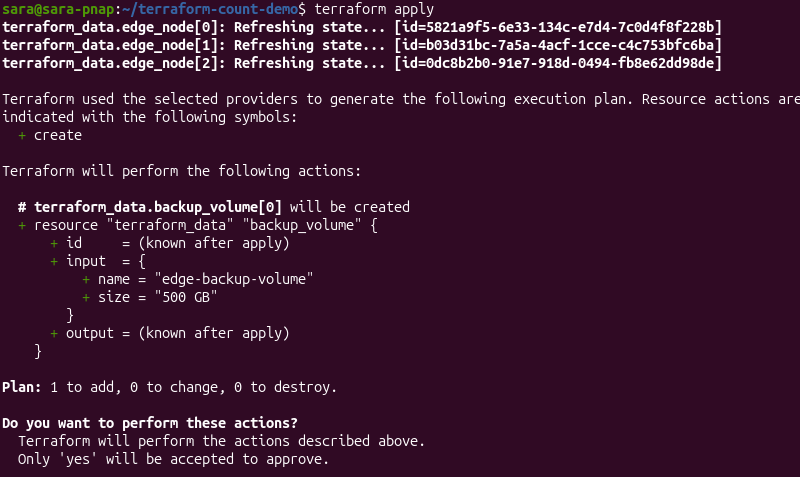 Terraform apply creating a backup storage volume after the conditional expression evaluates to true.