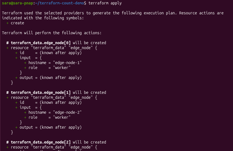 Terraform apply creating three edge node instances and displaying the generated hostnames.