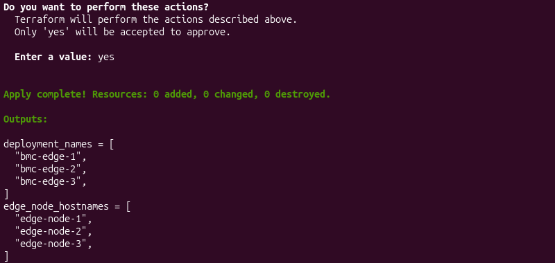 Terraform apply adding a new output list containing deployment names for multiple resource instances.