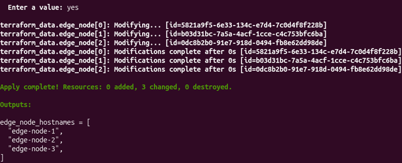 Terraform apply updating the edge node resources with generated deployment metadata.