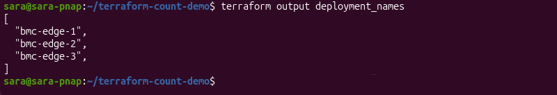 Terraform output displaying the deployment names collected from multiple Terraform resource instances.