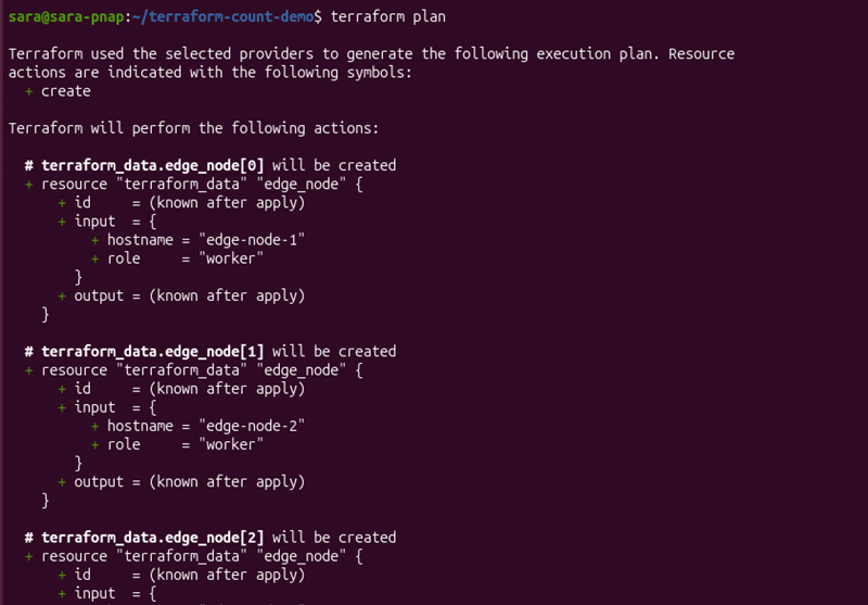 Terraform plan showing three edge node instances generated from a single resource block using the count meta-argument