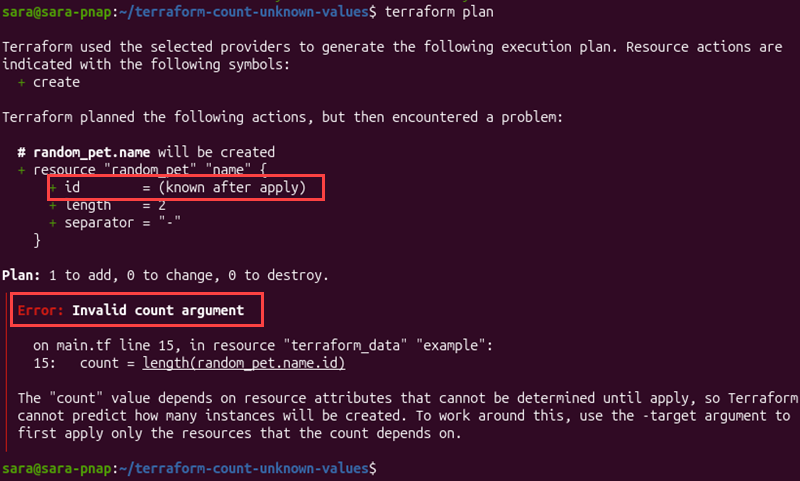 Terraform plan failing with an Invalid count argument error because the count value depends on an attribute known only after apply