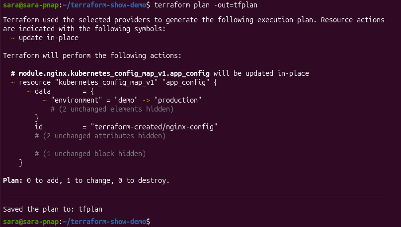 Terraform terminal output showing an execution plan saved to tfplan.
