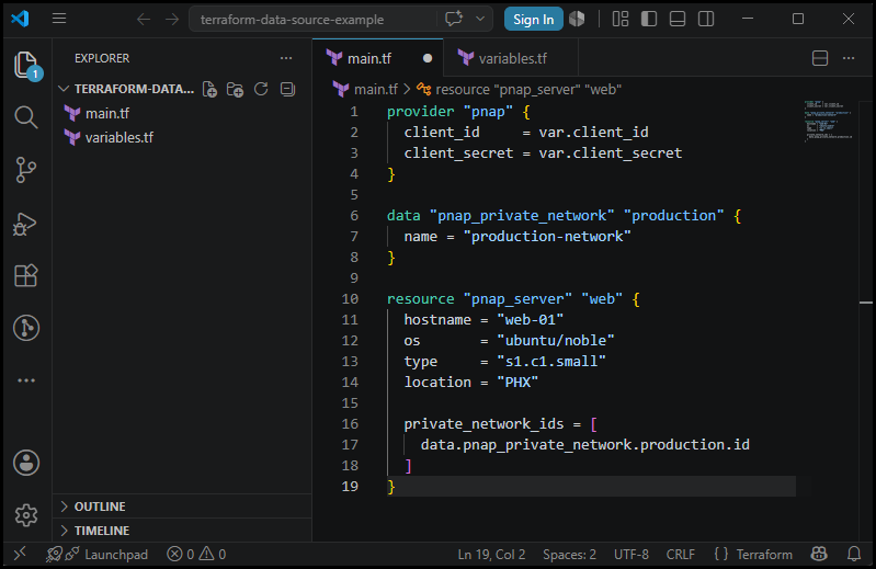 Terraform plan that retrieves attributes from data sources.
