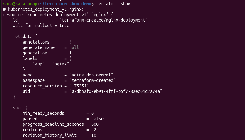 Terraform show terminal output displaying the current Terraform state for a managed Kubernetes deployment.