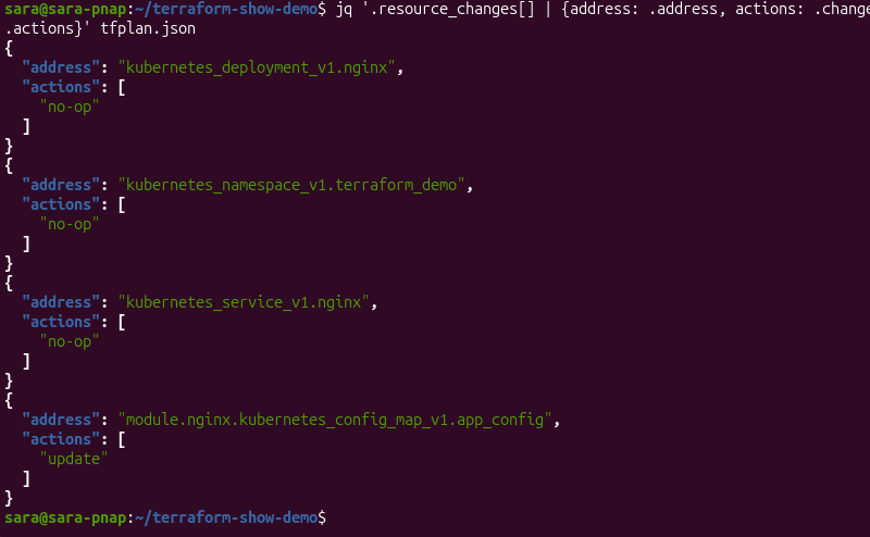 Terminal output showing jq extracting resource addresses and planned actions from a Terraform execution plan exported as JSON.