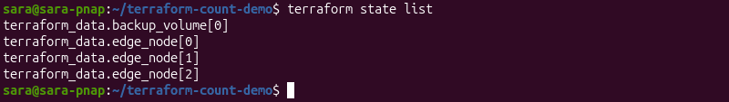 Terraform state list showing the backup storage volume alongside the edge node resources.