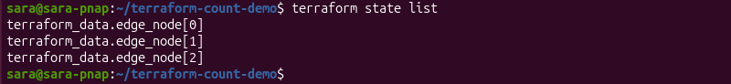 Terraform state list showing the indexed resource addresses of the three edge node instances.