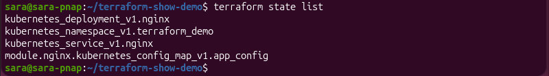 Terraform state list terminal output showing the managed Kubernetes resources and module.