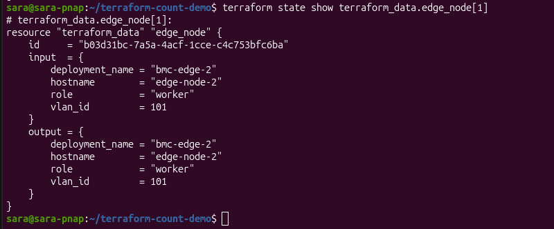 Terraform state showing the generated deployment metadata for an edge node