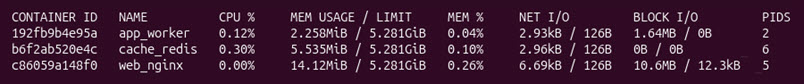 The docker stats command when executed without any arguments.