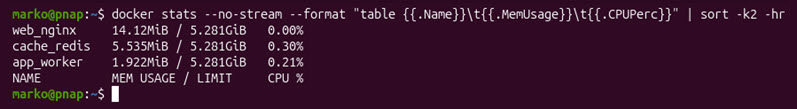 The docker stats command sorting containers by memory footprint.